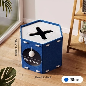 Lit grattoir pour chat en feutre à 2 niveaux avec boule suspendue, sans perte de poils, durable, bleu et jaune, mobilier pour chat d'intérieur, montage facile - Product Image 2