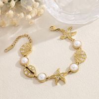 Bracelet en acier inoxydable plaqué or 18 carats avec étoile de mer, coquillage et perle pour femme, breloque CZ thème océan et plage, vente en gros OEM