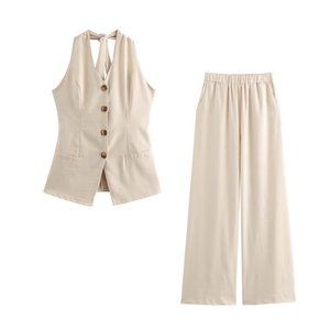 Cotton <b>Linen</b> Hanging Neck Vest Premium Pants Women's Two Piece <b>Set</b> Fashion - Product Image 3