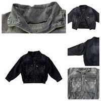 Veste en jean vintage courte pour homme avec fermeture éclair, poches cargo grandes, ourlet élastique, noir délavé, streetwear, vêtement d'extérieur hiver