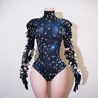 Justaucorps sur mesure à imprimé galaxie, orné de strass et de paillettes, à manches longues, pour spectacle de Drag Queen, Showgirl, danseuse