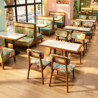 Chaise de salle à manger en bois massif et rotin sur mesure, ensemble banquette rembourrée, table à plateau en marbre, mobilier commercial pour café, salon de thé, restaurant