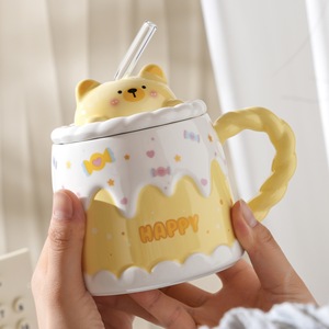 Cốc gốm giá trị cao dễ thương cốc nước món quà sinh nhật Bánh Cup với nắp muỗng rơm vài món quà <span class=keywords><strong>Mug</strong></span> - Product Image 1