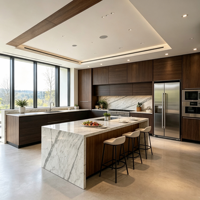Armoires de cuisine en bois de noyer de qualité supérieure avec îlot central intégré pour projets personnalisés de luxe