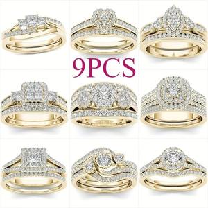 Ensemble d'anneaux de mariage plaqués or 9 pièces avec incrustations de zircon pour femmes, bijoux fins - Product Image 1