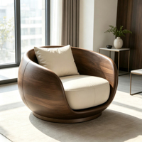 Fauteuil œuf de luxe en bois massif courbé avec coussin en cuir, fauteuil de loisirs design pour villa, hôtel, hall d'entrée
