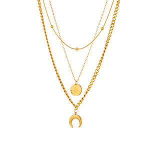 Collana con Ciondolo Luna e Sole all'Ingrosso, Gioielli in Acciaio Inossidabile alla Moda per Donne, Collana a <span class=keywords><strong>Tre</strong></span> Strati Placcata Oro - Product Image 2