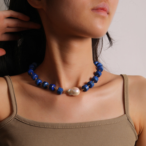 <span class=keywords><strong>Bijoux</strong></span> en <span class=keywords><strong>Lapis</strong></span> <span class=keywords><strong>Lazuli</strong></span> Naturel Cylindre Vintage et Collier de Perles d'Eau Douce Naturelles <span class=keywords><strong>Bijoux</strong></span> pour Fête - Product Image 2