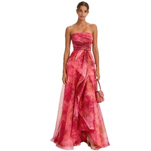 Strapless Blue Floral Print Evening Dress Empire Waist Long Gown Translucent Full <b>Swing</b> Style - Product Image 5