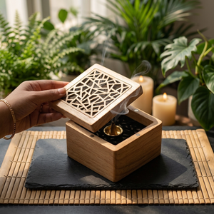 Quemador de incienso de madera con tapa geométrica recortada, soporte aromático de bambú hecho a mano para decoración del hogar, uso en todas las estaciones, decoración para Ramadán y Eid. - Product Image 1