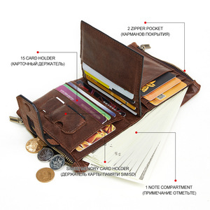 Cartera de cuero genuino para hombre, tarjetero corto antirrobo con doble cremallera, monedero informal para uso diario, color marrón - Product Image 3