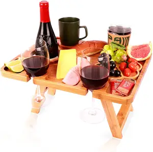 Removable Wine Bottle Holders Snack Holder Outdoor Food Serving Tray Portable Bamboo Picnic Table Folding With Legs