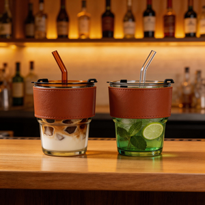 Verre à boisson de haute qualité pour jus, thé glacé, café, eau, transparent ou coloré, avec couvercle, paille et manchon en cuir - Product Image 6