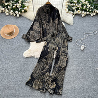 Ensembles décontractés pour femmes d'automne, chemise à manches chauve-souris boutonnée, pantalon plissé à taille haute et jambes larges, tenues tendance