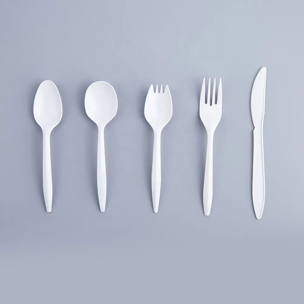 Western restaurant sendok plastik eco friendly spork knife fork spoon plastic white cutlery