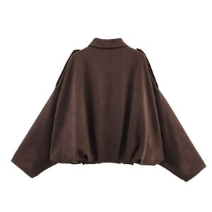 4086 여성 봄 새로운 시크 패션 스웨이드 봄버 재킷 옷깃 코트 빈티지 긴 소매 여성 겉옷 시크 - Product Image 3