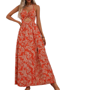 Robe longue sexy bohème à imprimé floral et découpes pour <span class=keywords><strong>femme</strong></span>, coupe trapèze, idéale pour les vacances à la plage, collection été 2025, vente chaude, personnalisable - Product Image 1