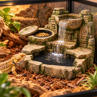 Antike Ruinen Reptilien-Wasserbrunnen mit abgedeckter Futterschale, 2-stufiges Terrarium-Wasserfall-Harz-Habitat für Gecko und Eidechse