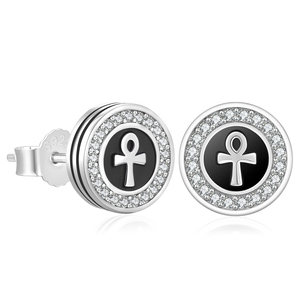 Boucles d'oreilles clous pour hommes, motif Œil tout-voyant et Croix Ankh, en argent 925, émail noir avec bordure pavée de zircone cubique transparente, plaqué or 14 carats, bijoux Hip Hop - Product Image 6