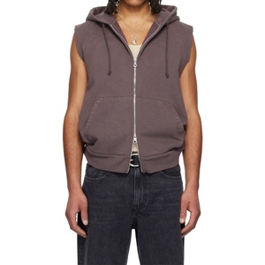 <b>Men</b> Thick Heavyweight Cotton <b>Fleece</b> Cropped Boxy Hoodie Raw Edge Raglan Cap Sleeves Zip Closure Sleeveless <b>Vest</b> Hooded Hoodie - Product Image 3
