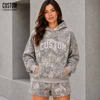 Ensemble streetwear pour femme, sweat à capuche imprimé camouflage intégral en molleton de coton, coupe oversize respirante, avec poche kangourou et short assorti