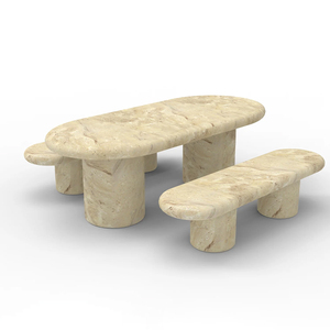 <span class=keywords><strong>Table</strong></span> à manger ovale allongée en travertin beige vert, style galet doux, avec double colonne solide, <span class=keywords><strong>table</strong></span> de dîner de luxe minimaliste pour la maison de rêve - Product Image 6