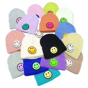 Top quality new Fashionable kids Winter Warm knitted hat Candy colors Smiley Face Wool Hat Beanie Cute Knitted Hats For kids