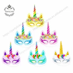 Child 12 Mask And 12 Ropes Rainbow Unicorn Paper Mask Kids Birthday Unicorn Party Favors Wedding Baby Decoration Supplies