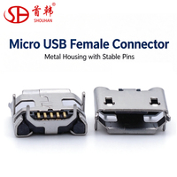 Connecteur Micro USB Femelle Type B 5 Broches SMD à Montage en Surface, Receptacle Plaqué Or, Coque en Nickel, 4 Pattelettes de Fixation pour Câble de Charge