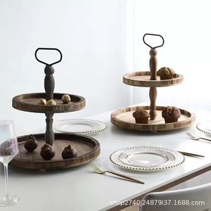 Wooden Tiered Dessert Stand Double Layer With Handle For Kitchen Serving <b>Trays</b> Decorative Display Rack - Product Image 1