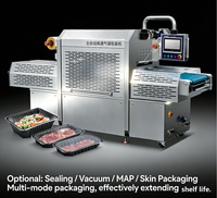 Machine de mise sous vide électrique haute vitesse pour poulet, scelleuse de barquettes MAP continue, ligne d'emballage sous atmosphère modifiée pour viande et aliments