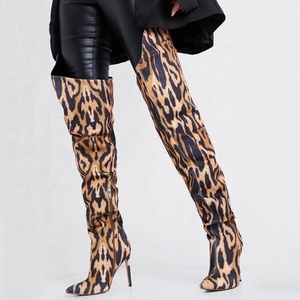 Cheetah Print High Top Large Size 43 Suede Women Over Knee High <b>Boots</b> Side Zip Stiletto Lady Pointed Toe Thigh High Long Booties - Product Image 1