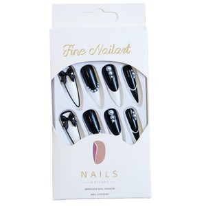 Ongles à presser en acrylique de qualité salon, réutilisables, noirs et blancs bicolores avec nœud 3D et perle pour soirées événementielles, vente en gros - Product Image 5