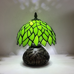 LongHuiJing Tiffany Mini Stained Glass Table Lamp Green Wisteria Leaf Style Mushroom Table Lamp Sympathy Memorial Lamp 8 Inch - Product Image 1