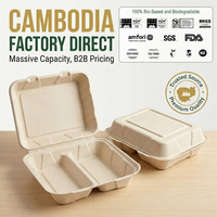 Boîte alimentaire moulée en fibre de bagasse de canne à sucre, biodégradable et compostable, à 2 compartiments, de 8 pouces, type clamshell, fabriquée au Cambodge