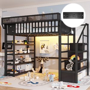 Lit mezzanine complet avec étagère de rangement et prise électrique, lit mezzanine en métal avec escalier de rangement pour enfants et adolescents, ODM/OEM disponible - Product Image 1