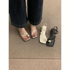2026 Summer New French Style Pearl Decor <b>Open</b> <b>Toe</b> Sandals <b>Silver</b> square <b>Toe</b> Block <b>Heel</b> Roman Shoes Women - Product Image 3