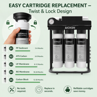 Purificateur d'eau RO Aicksn 5 étapes 100G avec réservoir et robinet, cartouche 10 pouces, auto-nettoyant électrique pour usage domestique et eau potable