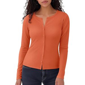 Camisa de Manga Larga Acanalada Personalizada para Mujer, Cuello Redondo con Botones, Estilo Casual, Largo Regular, Color Sólido - Product Image 1