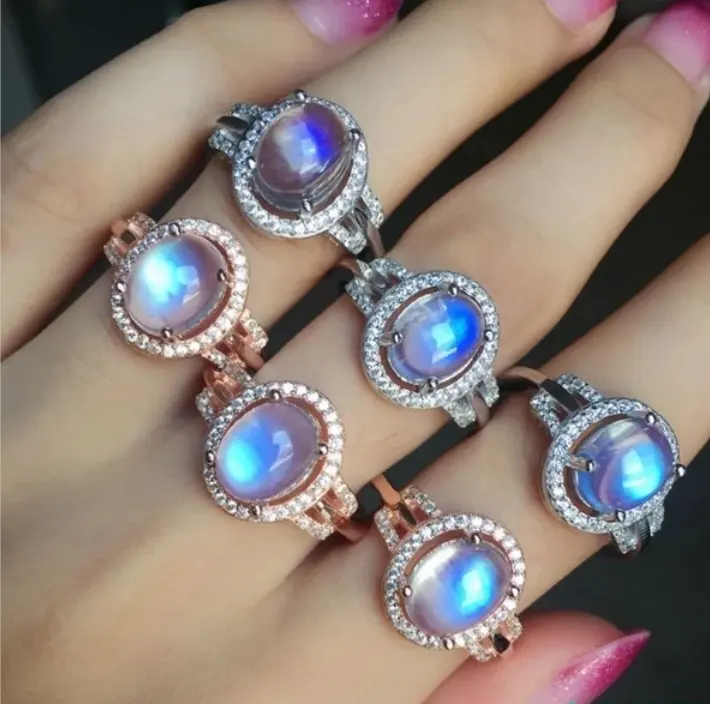 Inlaid Natural Blue Rainbow Moonstone Ring 925 Sterling Silver Exquisite Luxury Jewelry for Women