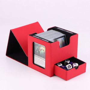 Boîte à cartes en cuir PU rouge avec plateau à dés et fenêtre de présentation des cartes, rangement portable pour jeux de cartes de stratégie - Product Image 1