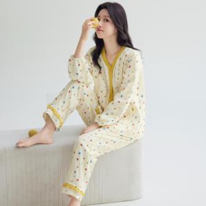 Nuovo Set di <span class=keywords><strong>pigiama</strong></span> in garza a 3 strati di cotone per 100% di maternità | Primavera-autunno-inverno, regolabile per l'allattamento prenatale, Postpartum - Product Image 2