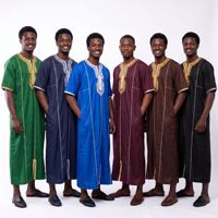 Robe marocaine à manches courtes en polyester pour hommes africains, broderie marocaine bleue, vêtements ethniques pour hommes, vêtements musulmans pour tous les jours, toutes saisons