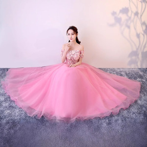 Off The Shoulder Pink Tulle Ball Gown Empire Waist Floral Print Evening Dress For Banquet Performance Art Exam - Product Image 3