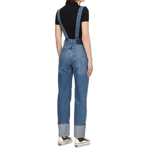 Women Casual Blue Sleeveless Non-Stretch Denim Overalls <b>Rolled</b> Leg Work Wear Jean Jumpsuit - Product Image 3