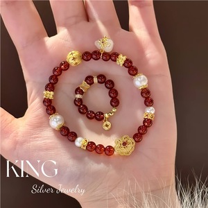 Bracelet en argent King Silver Jewelry avec perles de grenat rouge et perles d'eau douce en argent sterling 925 plaqué or, pour femme, à porter au quotidien - Product Image 2