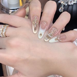 เล็บปลอมสำเร็จรูป [ดอกไม้ไฟหลากสี] งานศิลปะทำมือเคลือบทอง พร้อมดีไซน์แบบฝรั่งเศสแบบโปร่ง และประดับเพชร - Product Image 3