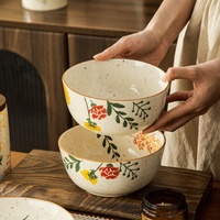 Service de table en céramique rétro pastoral peint à la main, compatible micro-ondes, motif végétal, avec bols à riz, bols à soupe et assiettes de service