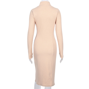 Abito Elegante Personalizzato all'Ingrosso <span class=keywords><strong>in</strong></span> Cotone a Costine Lavorato a Maglia con Collo Alto, Maniche Lunghe e Spacco, Tinta Unita, per Primavera e Autunno - Product Image 6