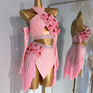 Kostum Tari Latin untuk Wanita Rok Tari Latin Baru Rok Atasan Leher Halter Bunga Rumbai Setelan Kostum Tari Merah Muda - Product Image 1